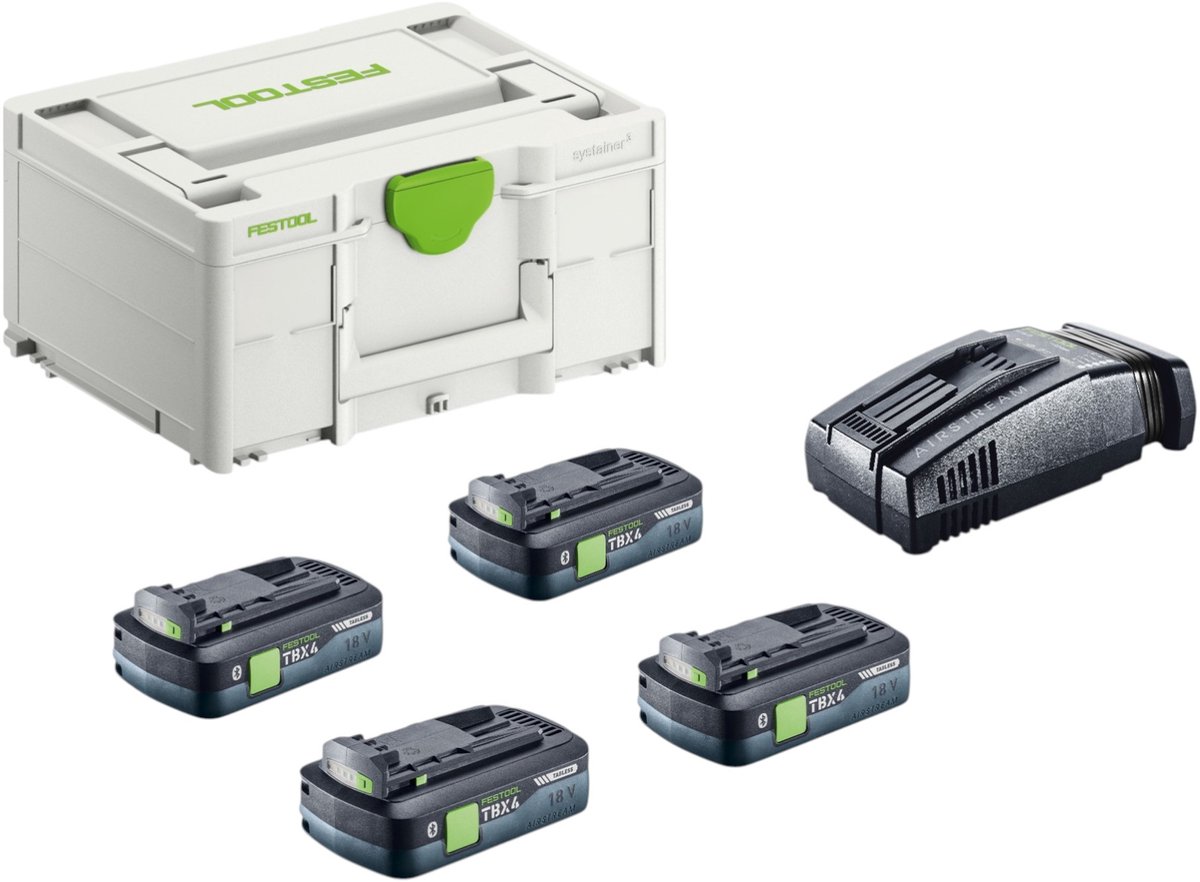 Festool energieset SYS 18V 4xTBX4/SCA16 met 4x BP 18 TBX 4 C-ASI accu 18 V 4,0 Ah ( 4x 578745 ) + SCA 16 snellader ( 576953 ) + Systainer