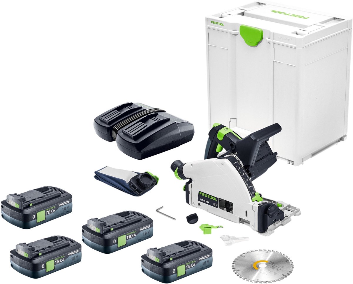 Festool TSC 55 KEB-Basic accu-invalzaag 18 / 36 V 160 mm borstelloos + 4x accu 4,0 Ah + dubbele lader + Systainer