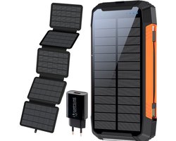 SimpSune Solar Powerbank - 41000mAh - EXTRA 18,5W Zonnepaneel + 18W Adapter - Ingebouwde Kabels - Powerbank Zonneenergie - Solar Charger - Grote capaciteit Wireless Charger - Draadloos - USB C - Zaklamp - Noodpakket - Snellader - Meerdere Apparaten