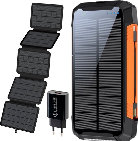 Zwarte solar powerbank met oranje zijkanten, 18,5W opvouwbaar zonnepaneel en adapter.