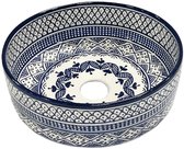 Marokkaanse Waskom - Handgemaakte Keramische Opbouw Wastafel - Oosterse Fontein & Wasbak Badkamer - Handbeschilderde Waskom Fes - Ø35 x 12 cm - Blauw