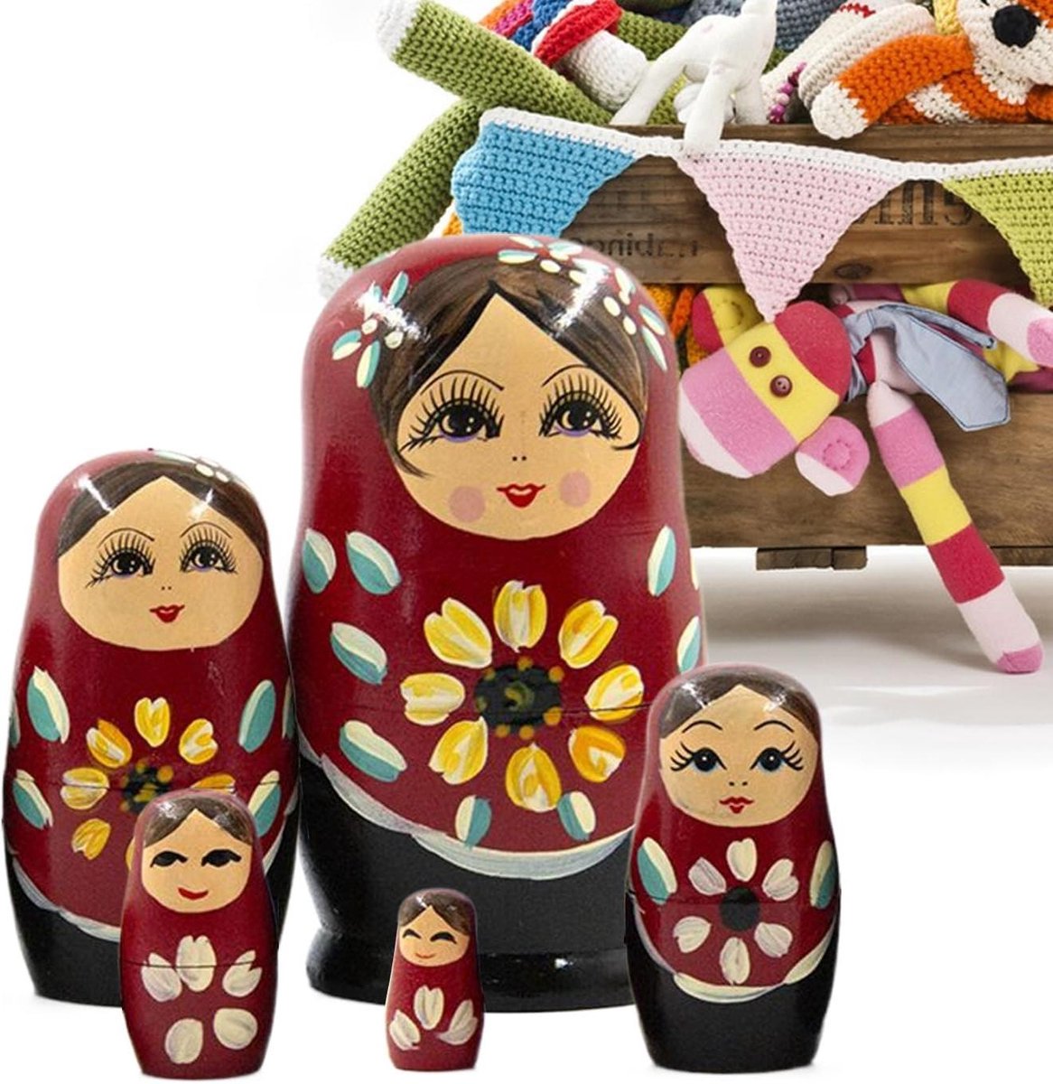 Matroesjka Poppetjes - Nesterende Poppen - Woonkamer Decoratie - Handbeschilderd Hout - 5 Delig - Multicolor