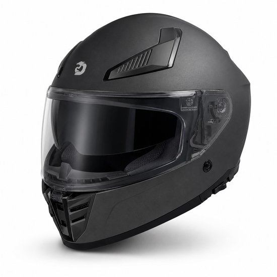 Zwarte integraalhelm met getint vizier en mat zwarte afwerking.