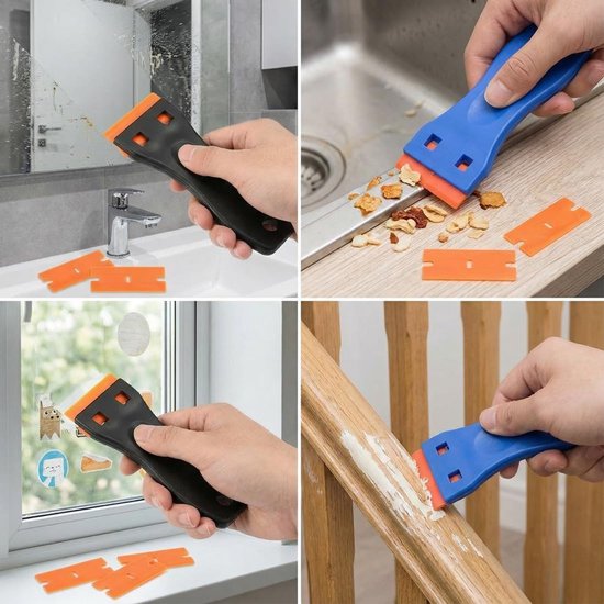 2 stuks lijmverwijderingsschrapers x 2 + 20 kunststoffolies, laminaatwas-reparatieset, geschikt voor houtreparaties, vloervulling en reparatie van krassen (blauw, zwart) — afbeelding 2