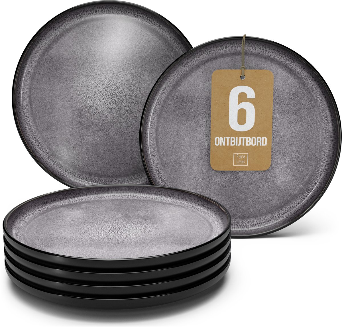 Pure Living Set Van 6 Dessertborden - Ø 20 cm - Grijs - Aardewerk - Vaatwasserbestendig - Magnetronbestendig - Ibiza Dark
