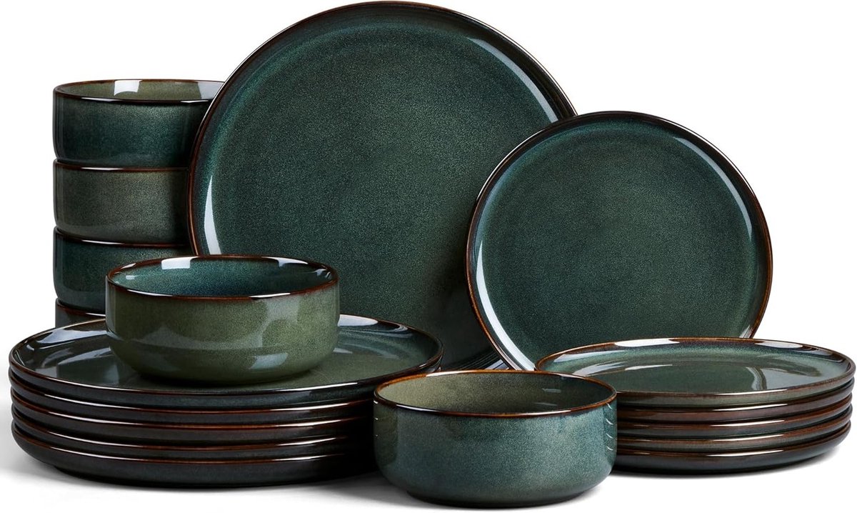 6-Persoons Servies Set van 18 Stukken, Steengoed Servies met Reactieve Glazuur, Geschikt voor Magnetron en Vaatwasser, Inclusief Bordenset en Kommen in Groen