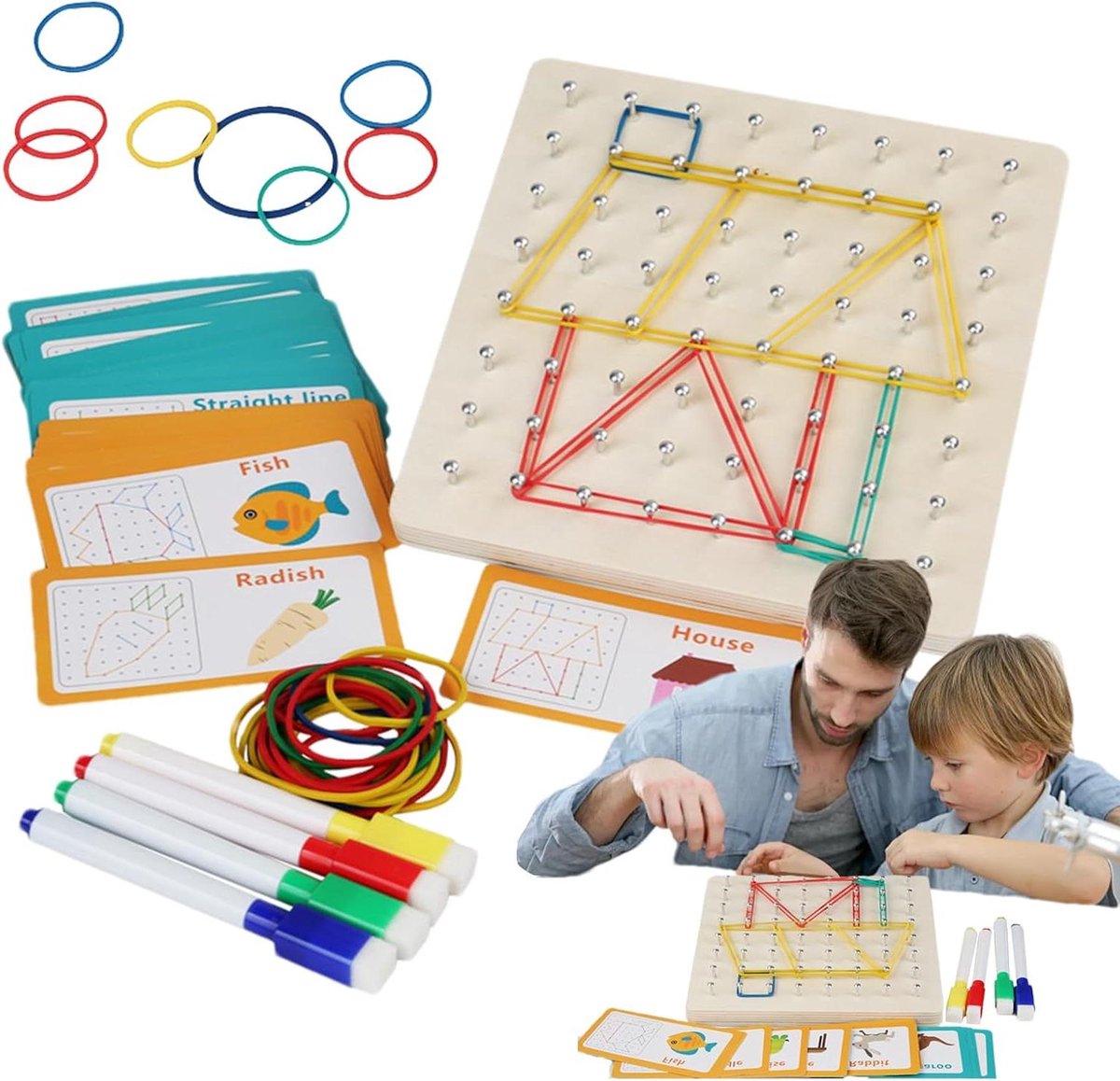 Educatief Geoboard - Wiskunde Puzzel - Vormen Leren - Interactief Speelgoed - 20 cm - Houtkleur