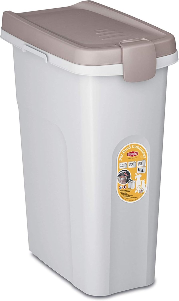 Voercontainer - Bewaarbox Huisdier - Droogvoer Opslag - Luchtdichte Sluiting - 25 Liter 39x24x51cm - Wit Bruin