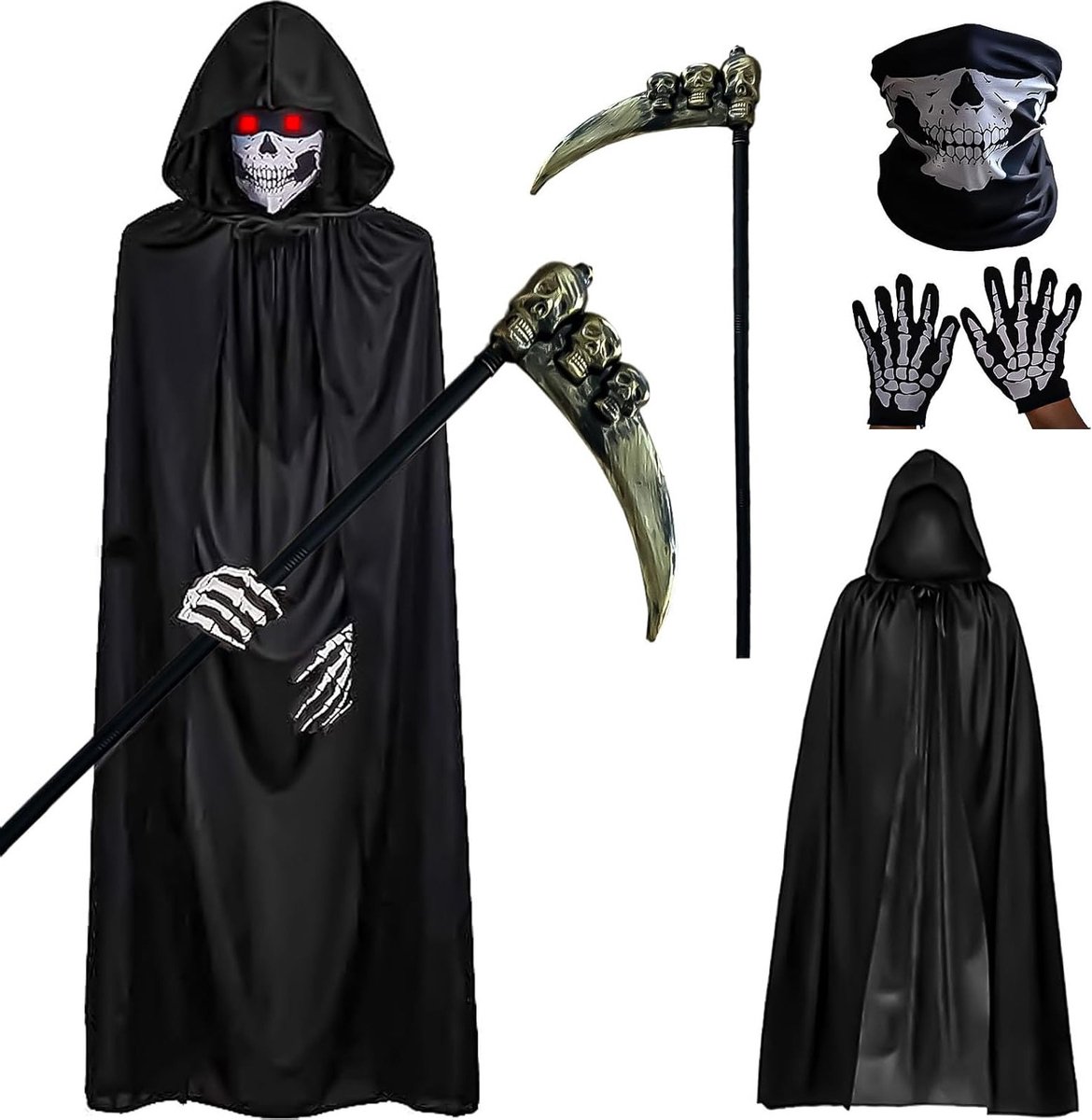 Griezelige Sensenman Kostuum voor Halloween met Kap, Gezichtsmasker en Handschoenen voor Volwassenen, Perfect voor Carnaval en Cosplay