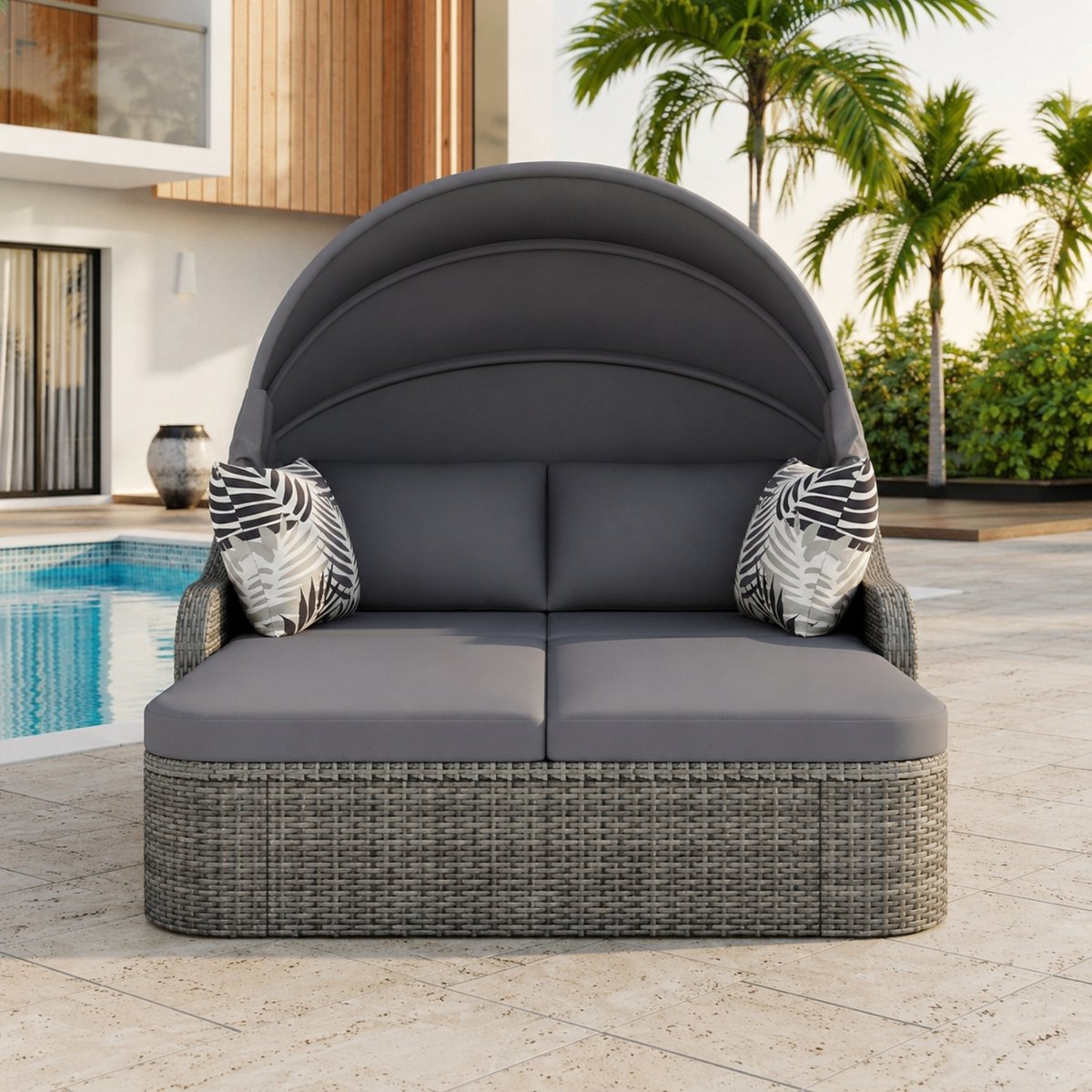 e Luxe Rotan Zonne-eiland Lounge Bed 2-Persoons – Tuin Loungeset met Verstelbare Luifel, PE-Rotan Weerbestendig All-Weather Outdoor Daybed met Kussens – 126x203x133 cm – Grijs Industrohome