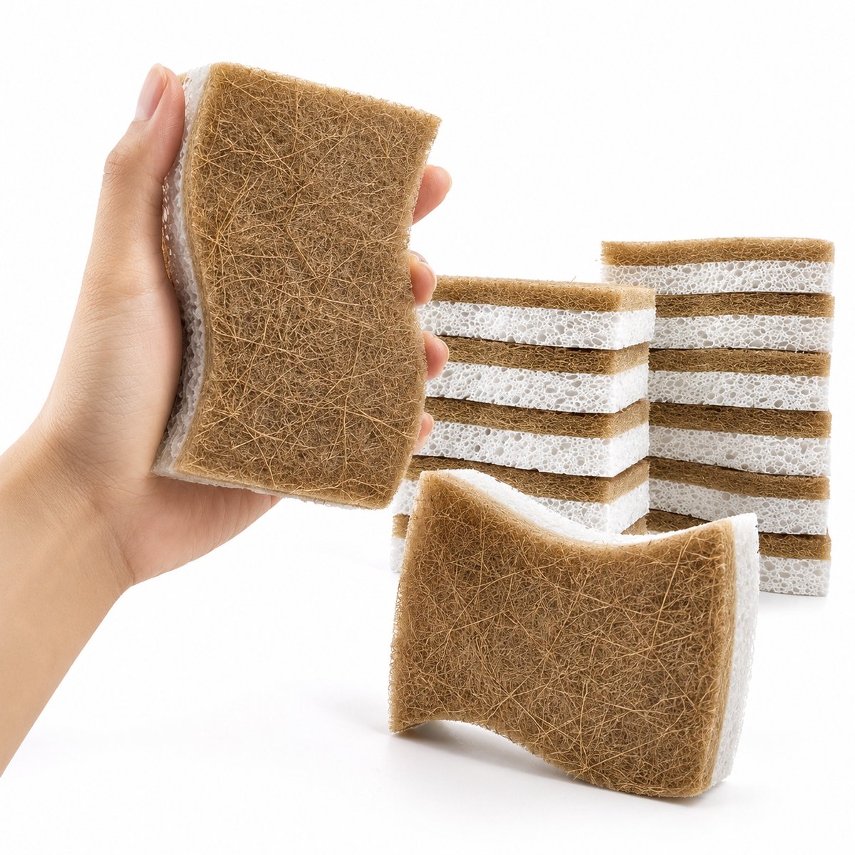 BOTC Natuurlijke keukenspons - Set van 12 Stuks - Cellulose- en kokosspons - Milieuvriendelijke sponzen voor de afwas - Biologisch afbreekbaar composteerbaar
