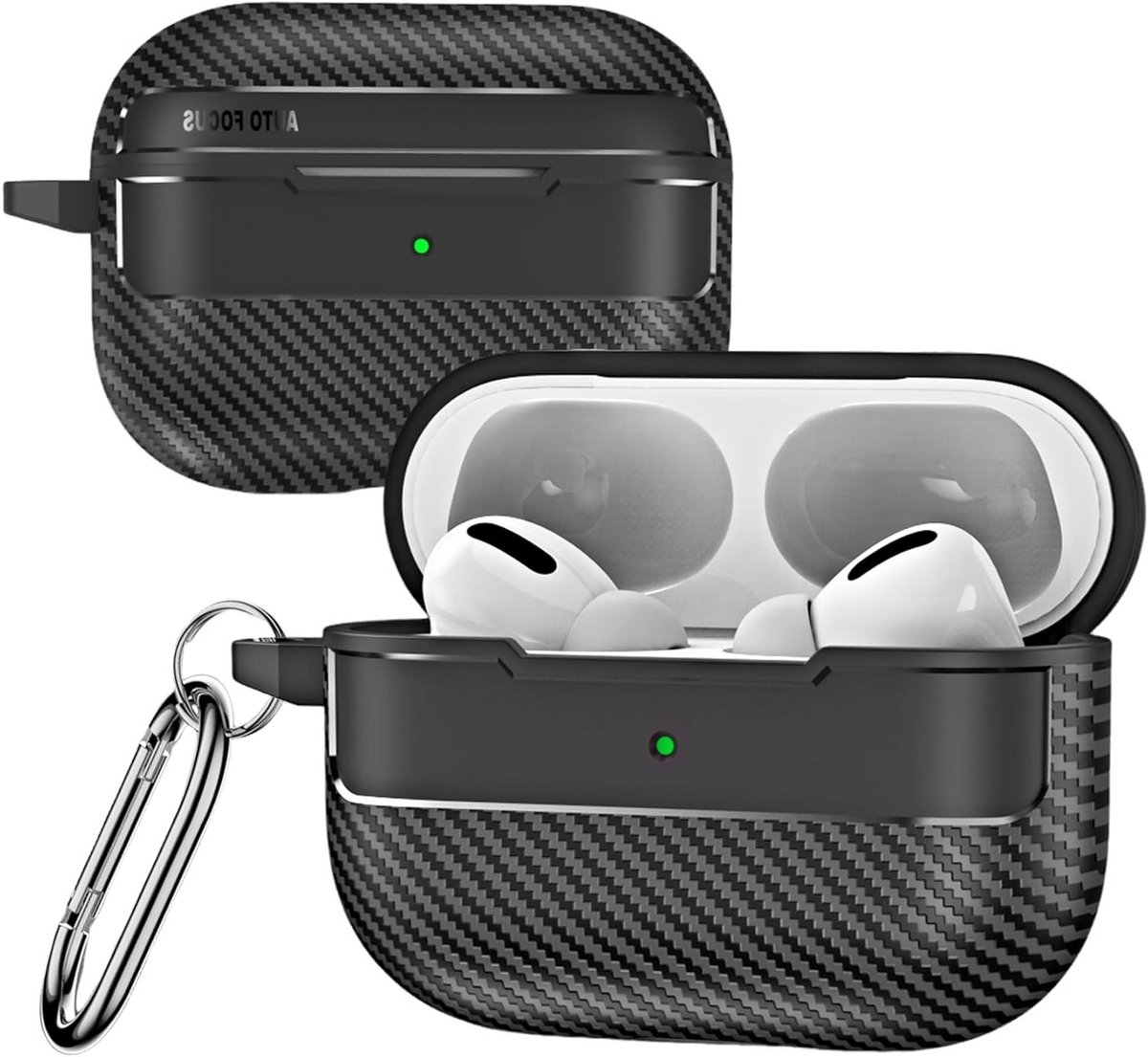 Schokbestendige Carbon Fiber Hoes voor AirPods Pro 3 - Duurzame Bescherming met Carabiner en LED Venster, Geschikt voor Generatie XW Zwart