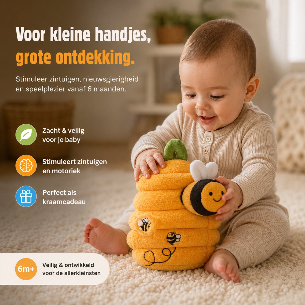 Baby Sonrisa Montessori Bijenspeelgoed Baby – Sensorisch Speelgoed met Rammelaar & Knisper – Motoriek Ontwikkeling 6+ Maanden — afbeelding 5