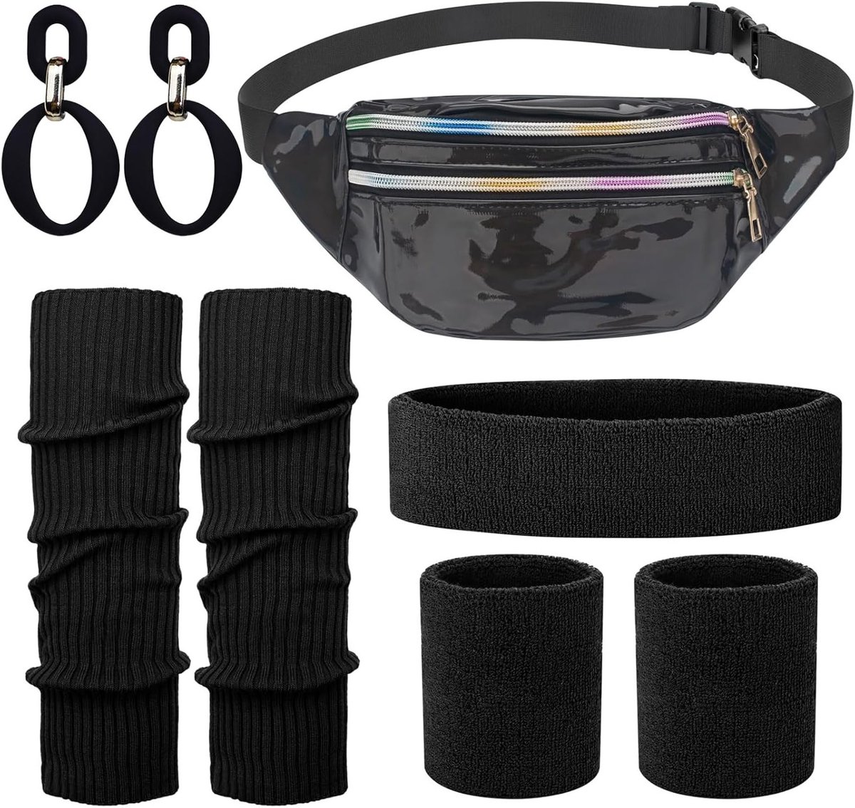 80s Kostuum Accessoires Set voor Vrouwen met Hoofdband, Mouwen, Voetwarmers en Heuptas - Perfect voor Themafeesten en Retro Outfits