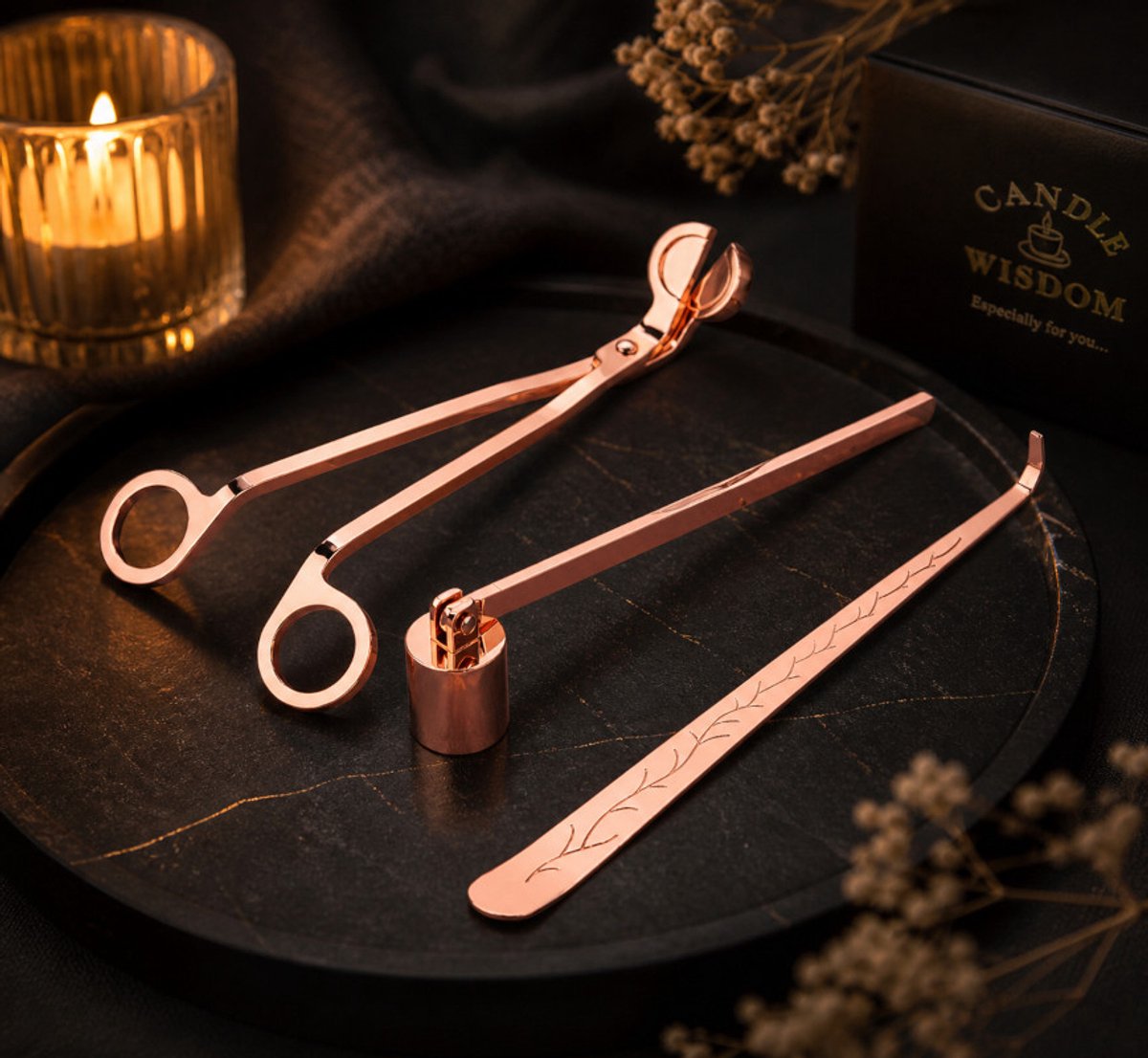 Candle Wisdom - Kaarsen accessoires – Koper kleur – RVS – 3 in 1 - Kaarsen dover set – Wick trimmer – Kaars lont trimmer – Wick dipper – Geschenk – Cadeau