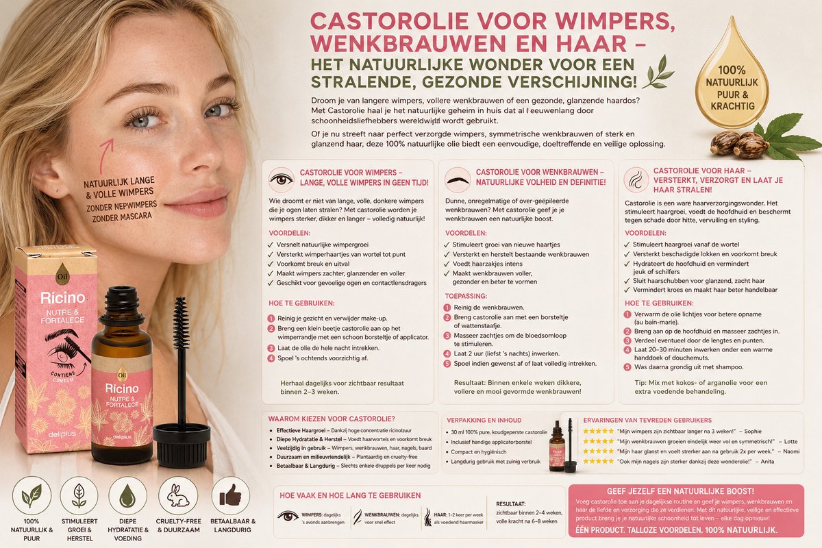 LANGERE WIMPERS EN VOLLERE WENKBRAUWEN. CASTOROLIE VOOR WIMPERS EN WENKBRAUWEN – HET NATUURLIJKE GEHEIM VOOR GROEI, KRACHT EN VOLUME! INCLUSIEF HANDIGE APPLICATOR VOOR PRECIEZE TOEPASSING.