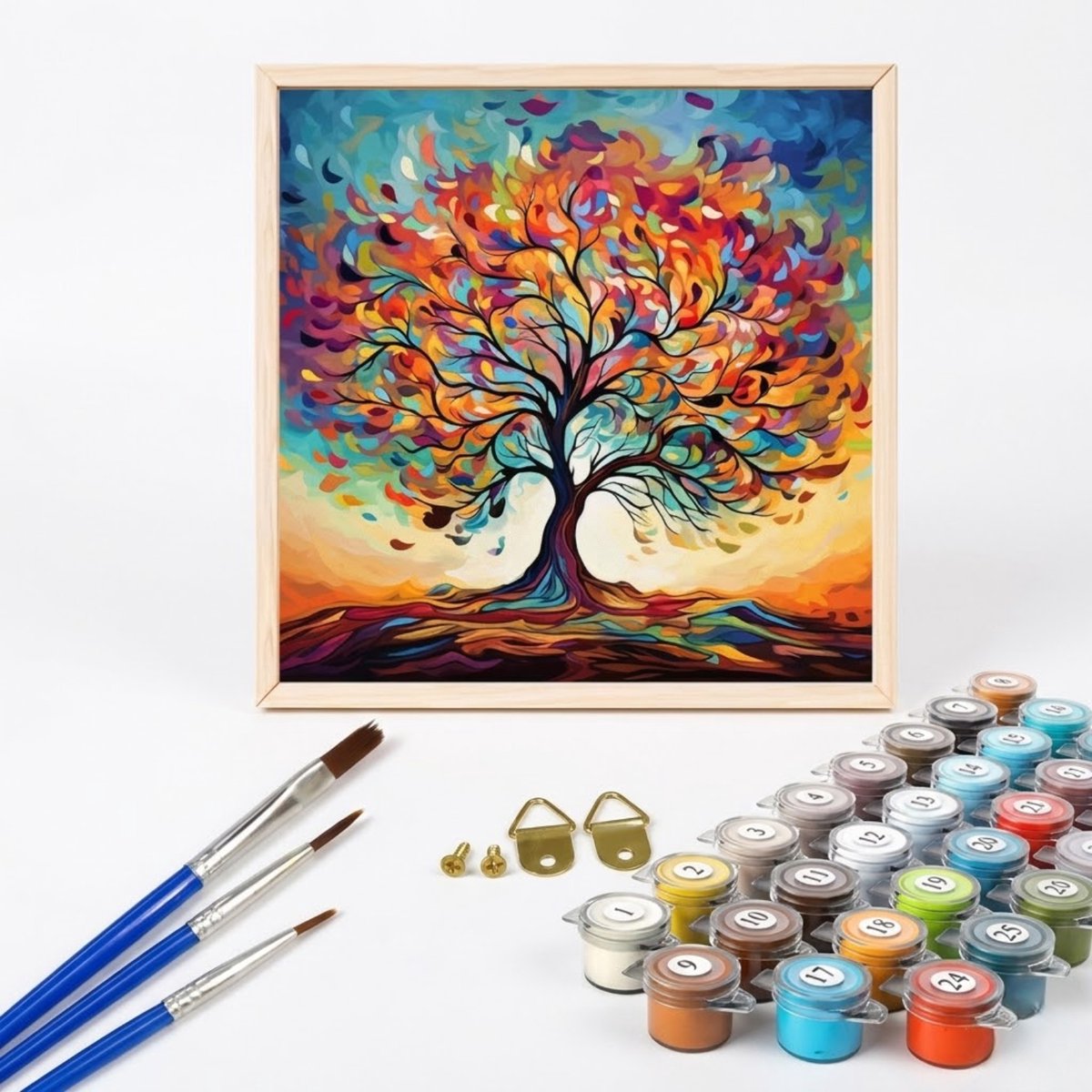 Nalovi - Schilderen op nummer - Meerkleurige boom - 20x20 - Schilderen voor volwassenen - Verf en penselen inbegrepen - Hobby voor volwassenen