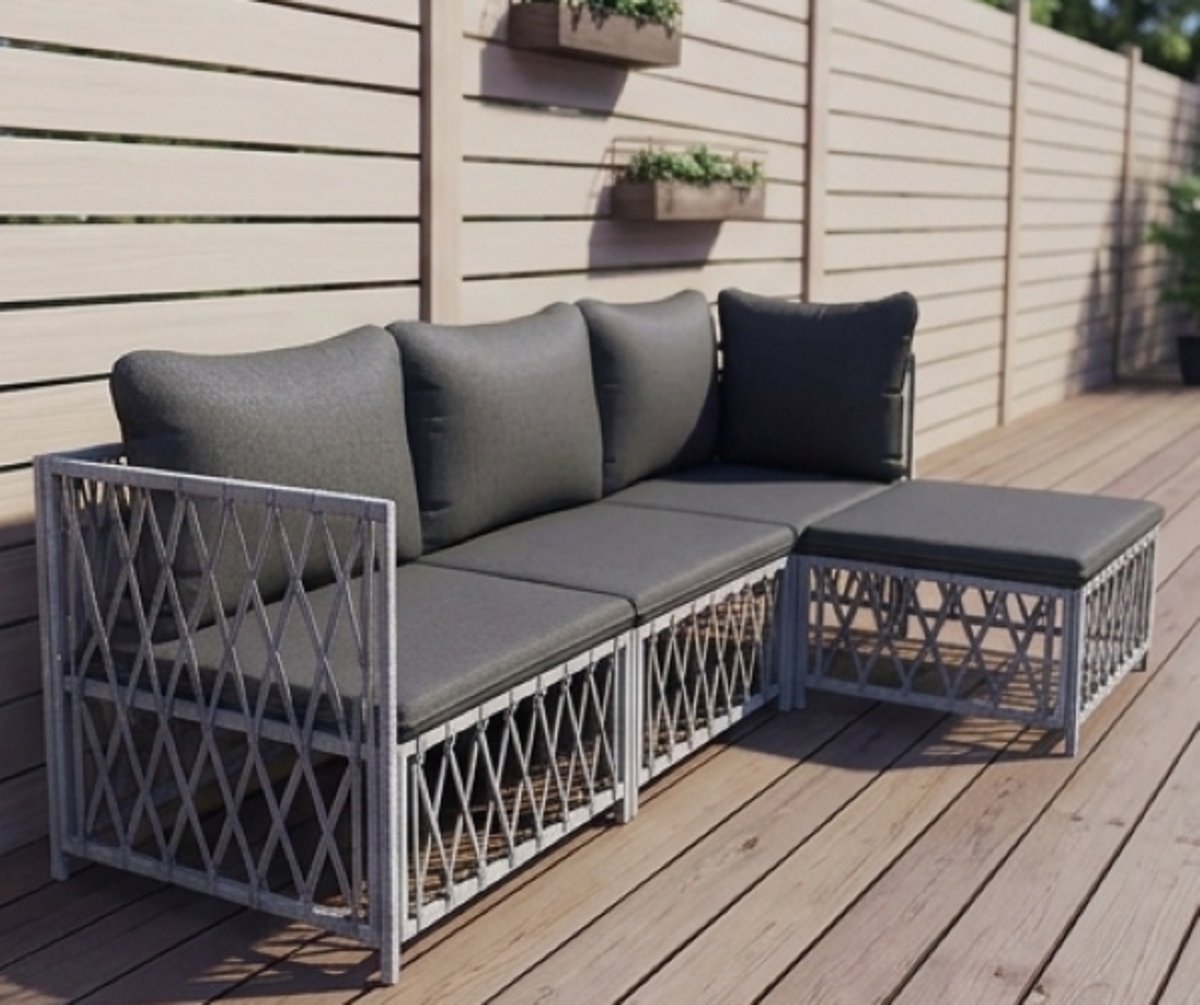 Urban Comfort 4-Delige Tuin Loungeset – Moderne Balkon- en Terrasset met Hoekbank, Middenbank en Kussens – Weerbestendige Stalen Outdoor Lounge Set in Wit – Lounge Meubelset voor Tuin, Terras en Balkon IndustroHome
