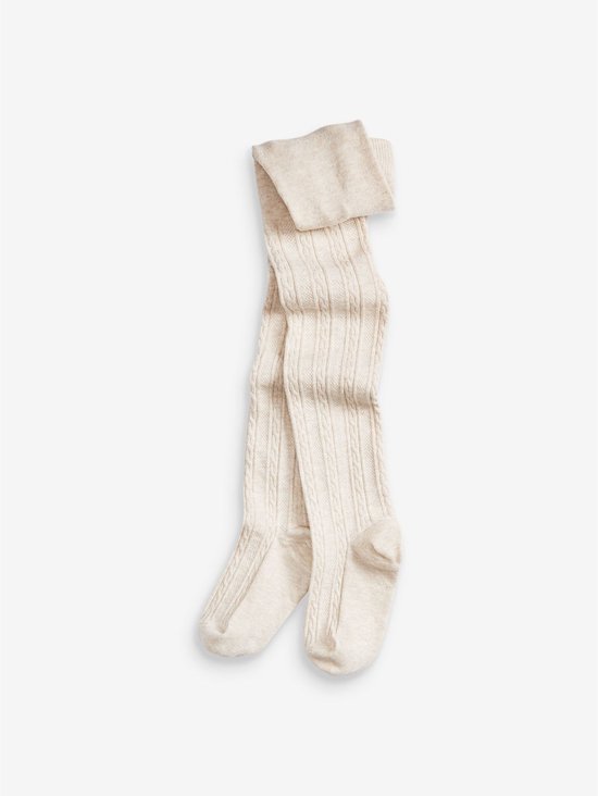 Witte panty's met kabelpatroon, opgevouwen.