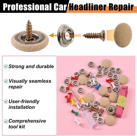 Reparatieset voor dakhemelbekleding, 50 stuks, autohemelstof, reparatieklinknagels met installatiegereedschap voor hangende bekleding (beige) — afbeelding 4