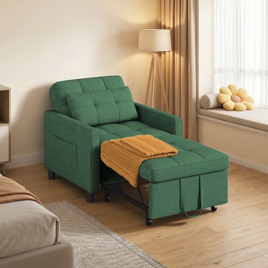 Bealife AR21 Slaapbank 1 Persoons - 3-In-1 Bank met Slaapfunctie - Verstelbare Bedbank - Sofa met Armleuningen voor Woonkamer Slaapkamer Logeerkamer -Donkergroen