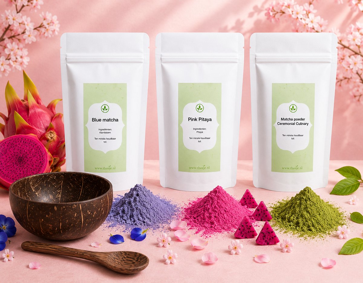 Smoothie Bowl Starter Set – Kokosnoot Kom met Lepel + Blue Matcha, Pink Pitaya & Matcha - Natuurlijke Kleurstoffen - Matcha Latte – 3x 50 Gram
