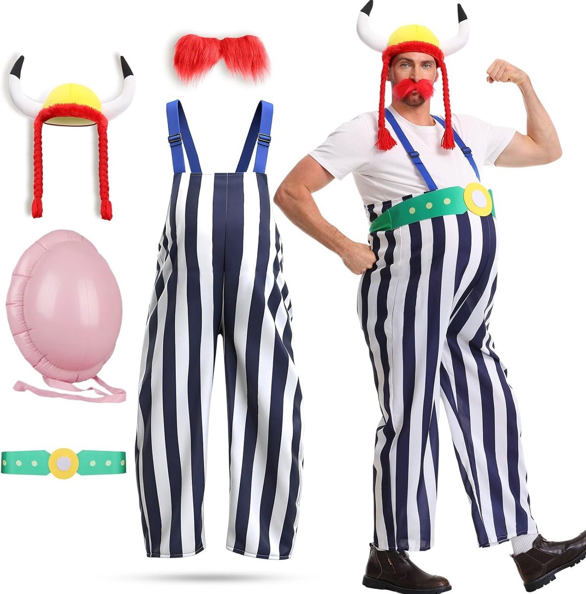 Carnaval Kostuum voor Mannen met Blauwwit Gestreepte Jurk, Viking Hoed, Rood Baard en Buik Kussen voor Feestelijke Gelegenheden