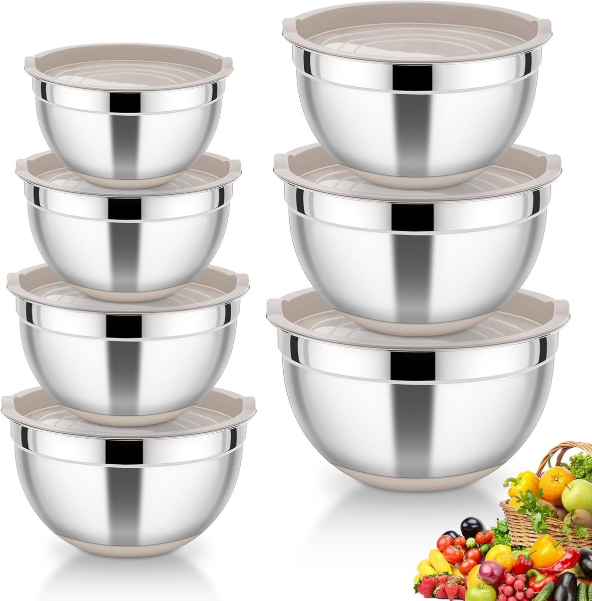 Mixkommen Set van 7 Stuks in RVS, Met Luchtdichte Deksel en Siliconen Basis, Perfect voor Koken en Bakken, Vaatwasserbestendig, Ideaal voor Salades en Bereidingen