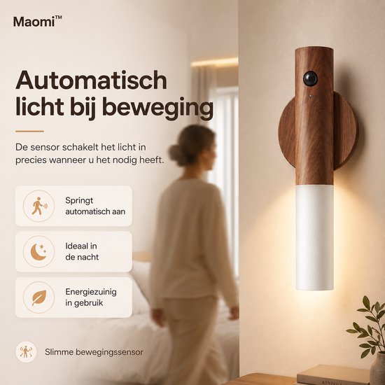 Maomi™ LED Wandlamp met Bewegingssensor - Magnetisch & Draadloos - Houtlook - Nachtlampje - Wandlamp Oplaadbaar - Bedlampje van Merkloos — afbeelding 2