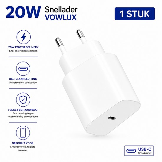 Chargeur blanc Vowlux 20W avec connexion USB-C. Icônes indiquent 20W Power Delivery, USB-C, sécurité et compatibilité.