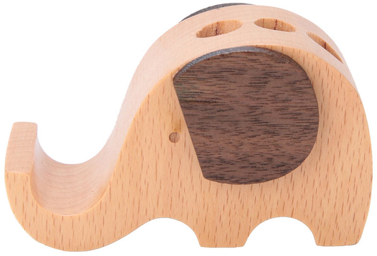 Cuhostki - Houten Olifant Telefoonhouder Met Pennenbak - Decoratief - Bureau Thuis Kantoor