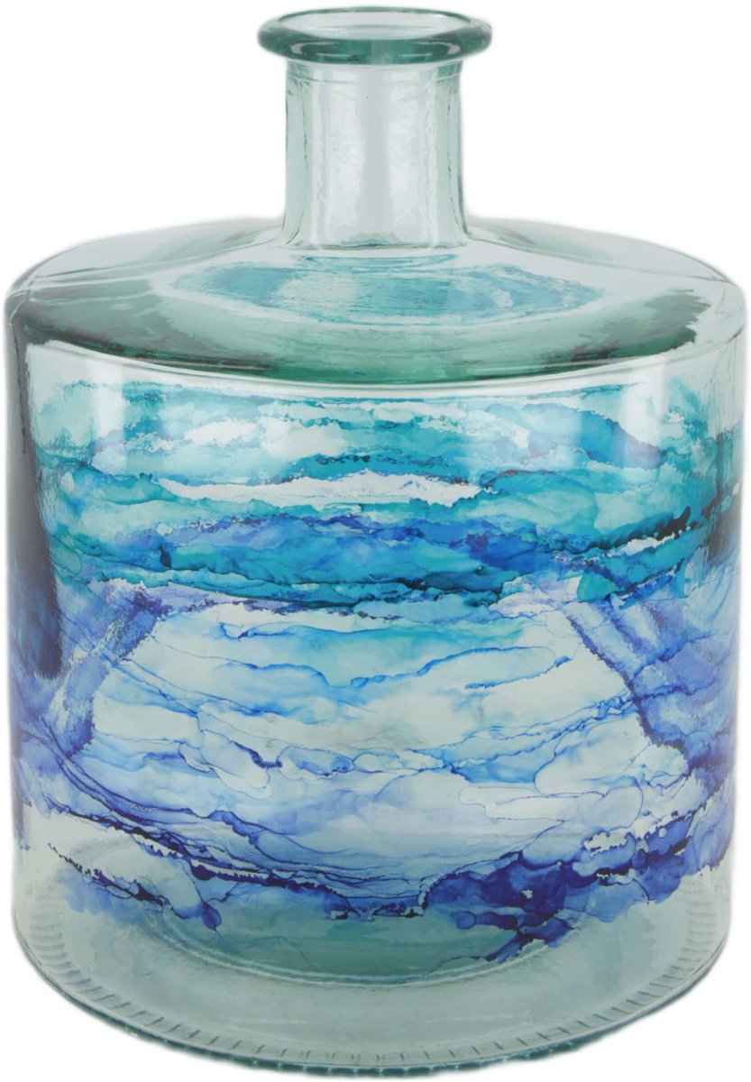 Dijk Natural Collections Recycled glazen vaas met blauw patroon