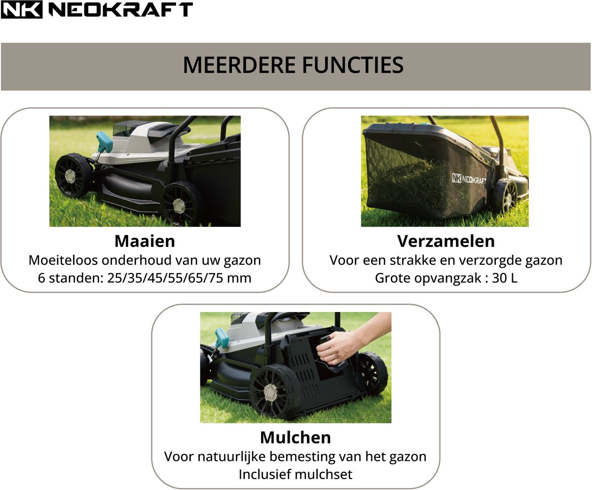 Neokraft - 20V Accu grasmaaier - 33cm maaibreedte - Brushless motor - 5 instelbare maaihoogtes - Incl 30L opvangzak - Incl. 20V 4,0Ah accu & lader thumbnail 2