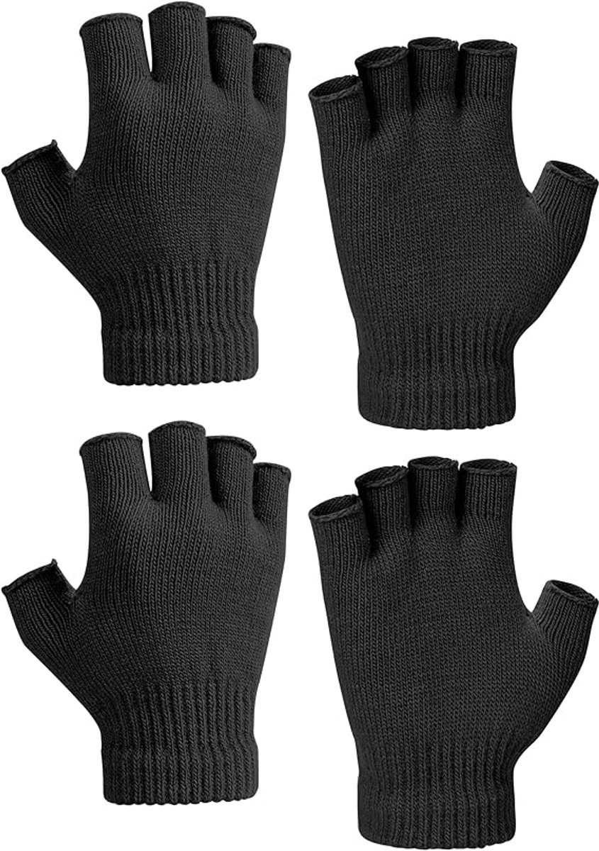 2 Paar Unisex Warme Gebreide Halve Vingerhandschoenen – Vingerloze Winterhandschoenen voor Dames en Heren Zwart