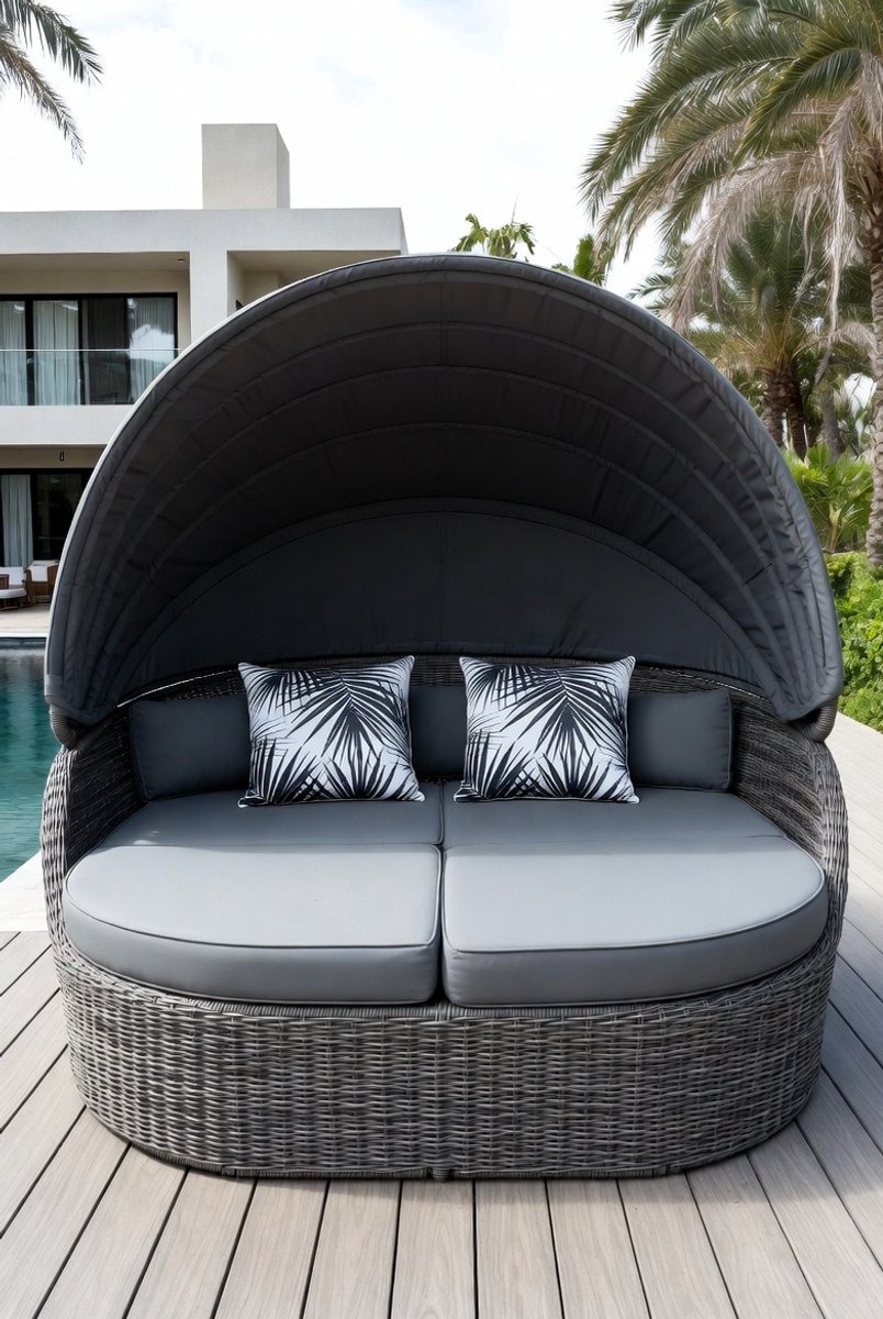 Luxe Dubbele Rotan Loungeset met Verstelbare Luifel & Rugleuning – Weerbestendig PE-Wicker Tuinbed / Zonne-eiland met Dikke Kussens & Afneembare Hoes – All Weather Outdoor Daybed – Industrohome