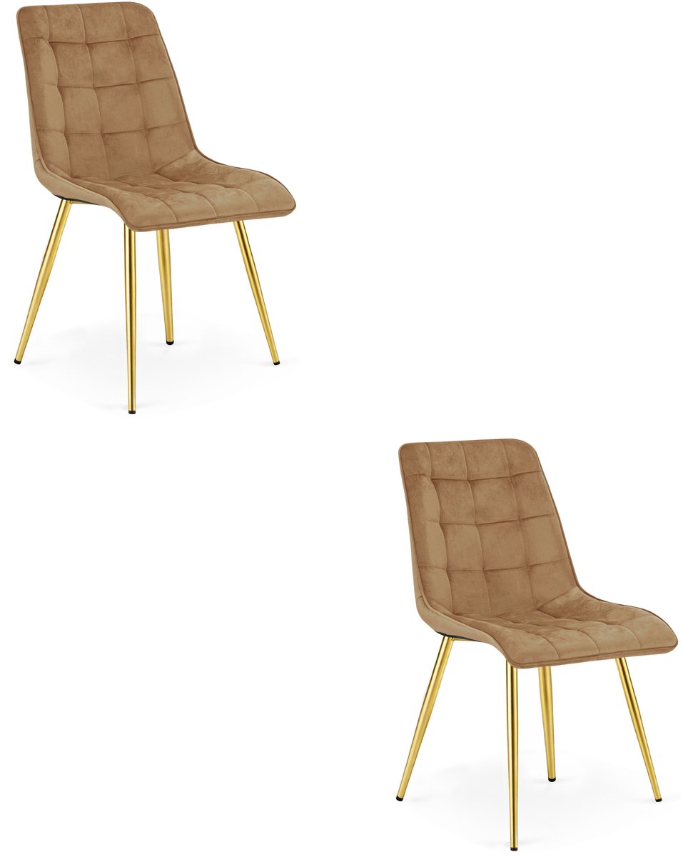 LEOBERT Set van 2 Eetkamerstoelen SPLIT – Bruin Velvet / Fluweel – Gestoffeerde Zitting – Goudkleurige Metalen Poten – Modern Design – Voor Eetkamer en Keuken