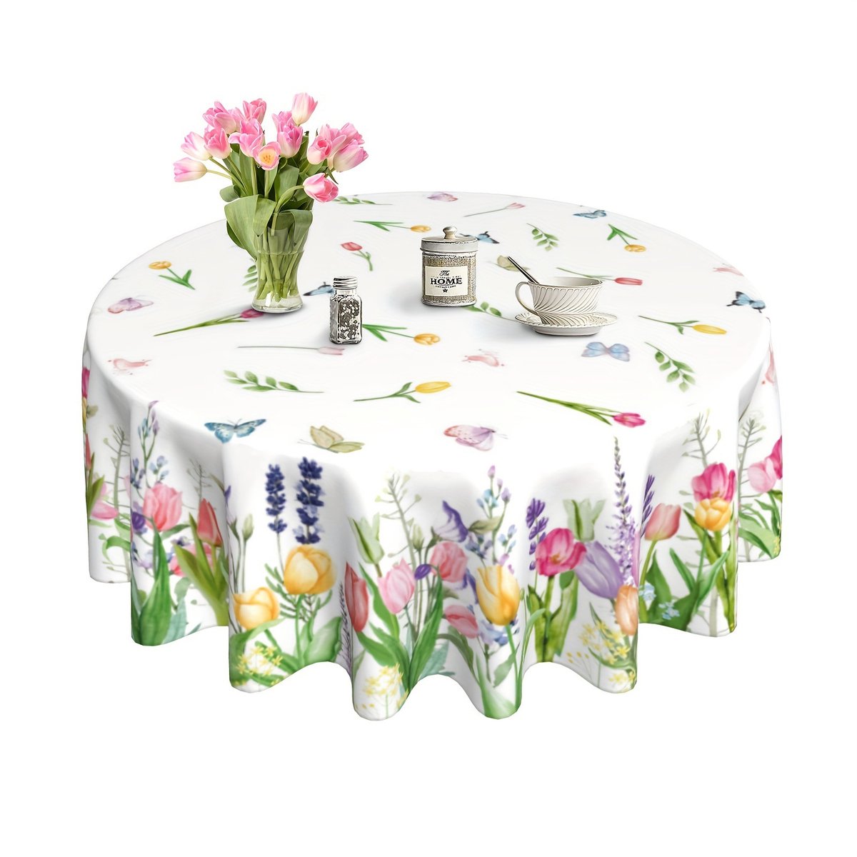 Tafelkleed rond - 180 cm - Tafelzeil - Tafellaken met aquarel bloemenpatroon - lavendel tulpen en vlinders - Wasbaar kreukbestendig polyesterstof voor diner, feest, picknick
