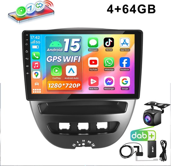 ESSGOO Autoradio - Geschikt voor Peugeot 107, Toyota Aygo & Citroen C1 - Android 15 - 4+64GB - Apple Carplay & Android Auto (Draadloos) - 10.1 Inch HD IPS Touchscreen - Bluetooth - GPS Navigatiesysteem -Wifi, SWC - DAB & Achteruitrijcamera
