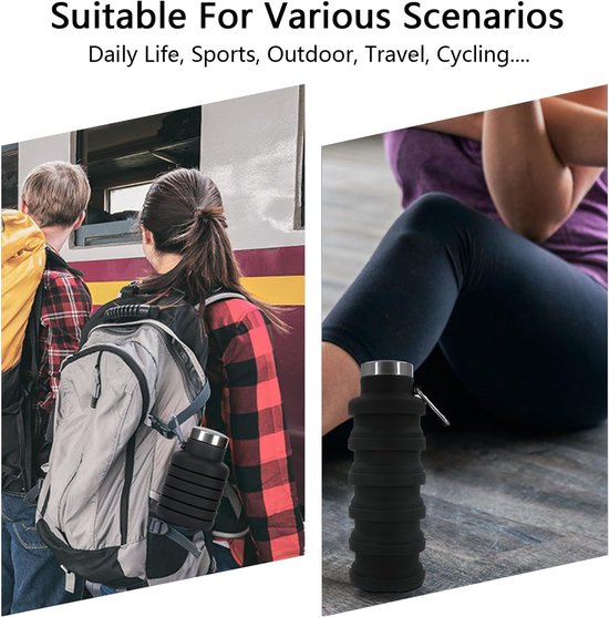 Opvouwbare Sportfles - Waterfles - Lekvrij - Lichtgewicht - Voor Outdoor, Reizen, Fitness - Zwart - 500 ml — afbeelding 4