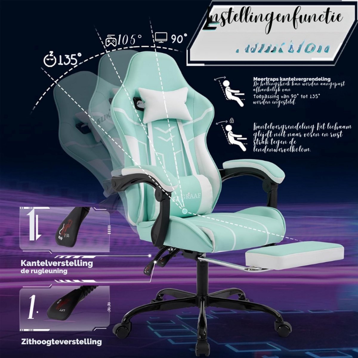 Sukida Ergonomische Gaming Stoel Met Voetsteun Computerstoel Met Lendensteun Verstelbare Bureaustoel Comfortabel Gaming En Office Stoel Blauw Wit BlueWhite