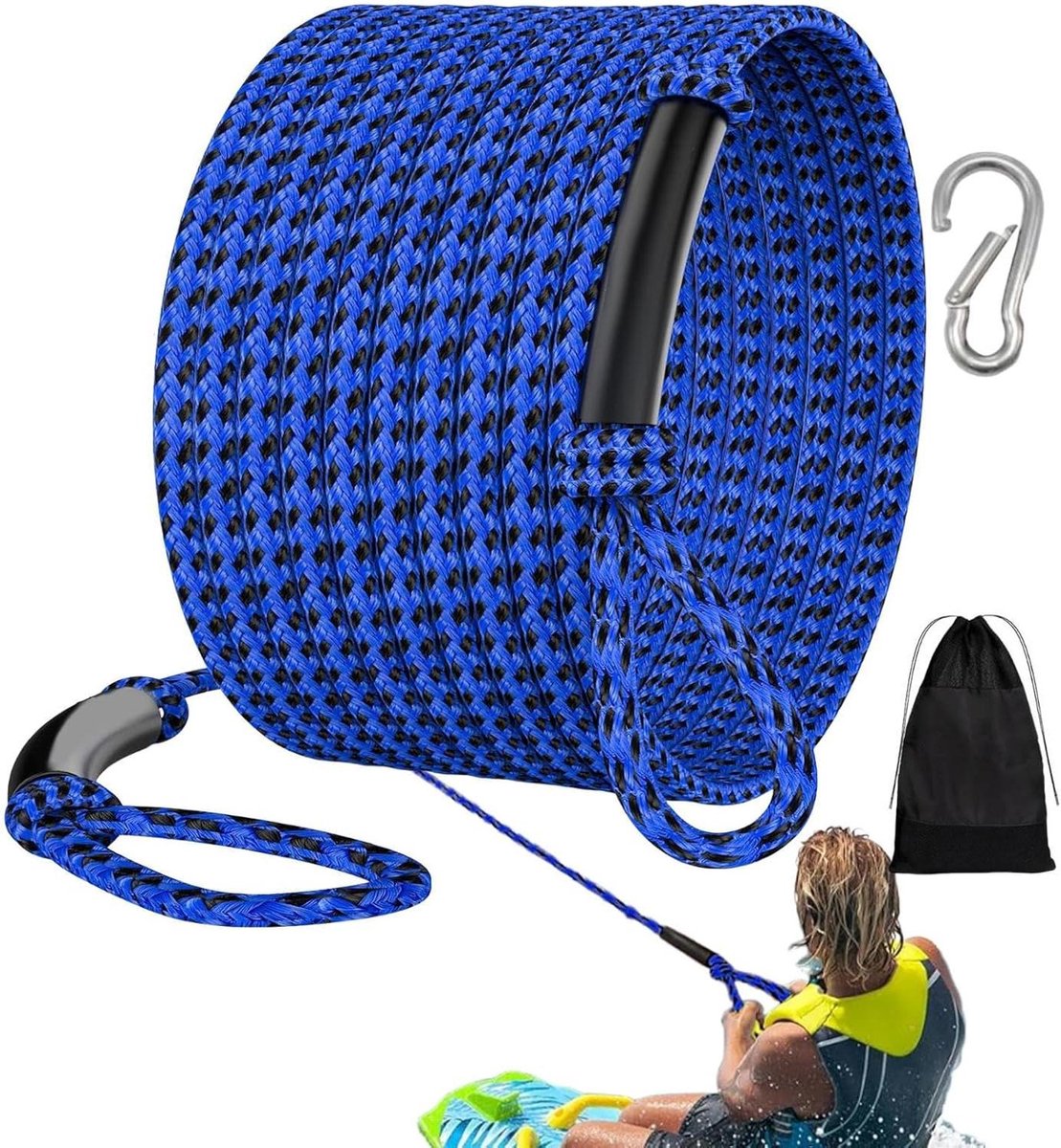 Boottouw - Sleeptouw Kajak - Veilig Watersporten - Drijvend en Zichtbaar - 6 of 18 Meter - Blauw Zwart