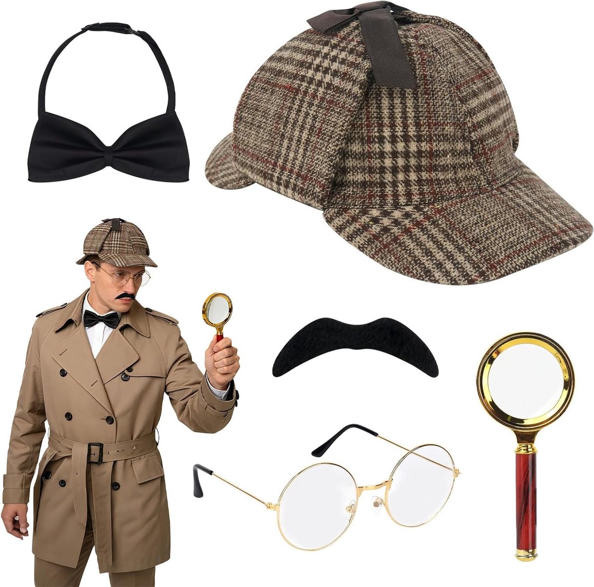 Detective kostuumaccessoire set met 5 onderdelen, inclusief hoed, vergrootglas, stropdas en baard voor Halloween en cosplay, perfect voor detectives en Sherlock Holmes fans