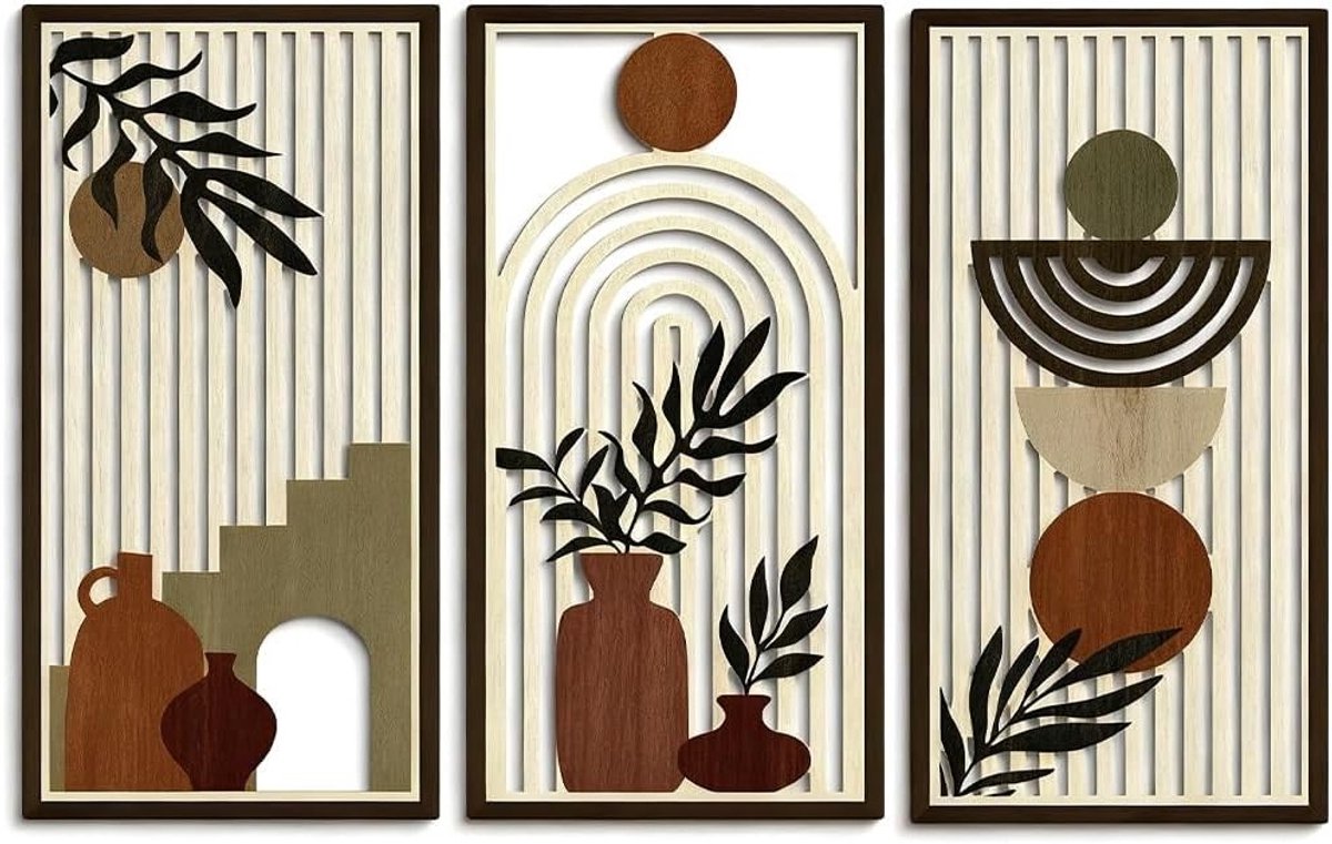 Boho wanddecoratie van natuurlijk hout - Abstracte geometrische cirkels en bladeren voor woonkamer en slaapkamer, unieke wanddecoratie set van 3 stuks