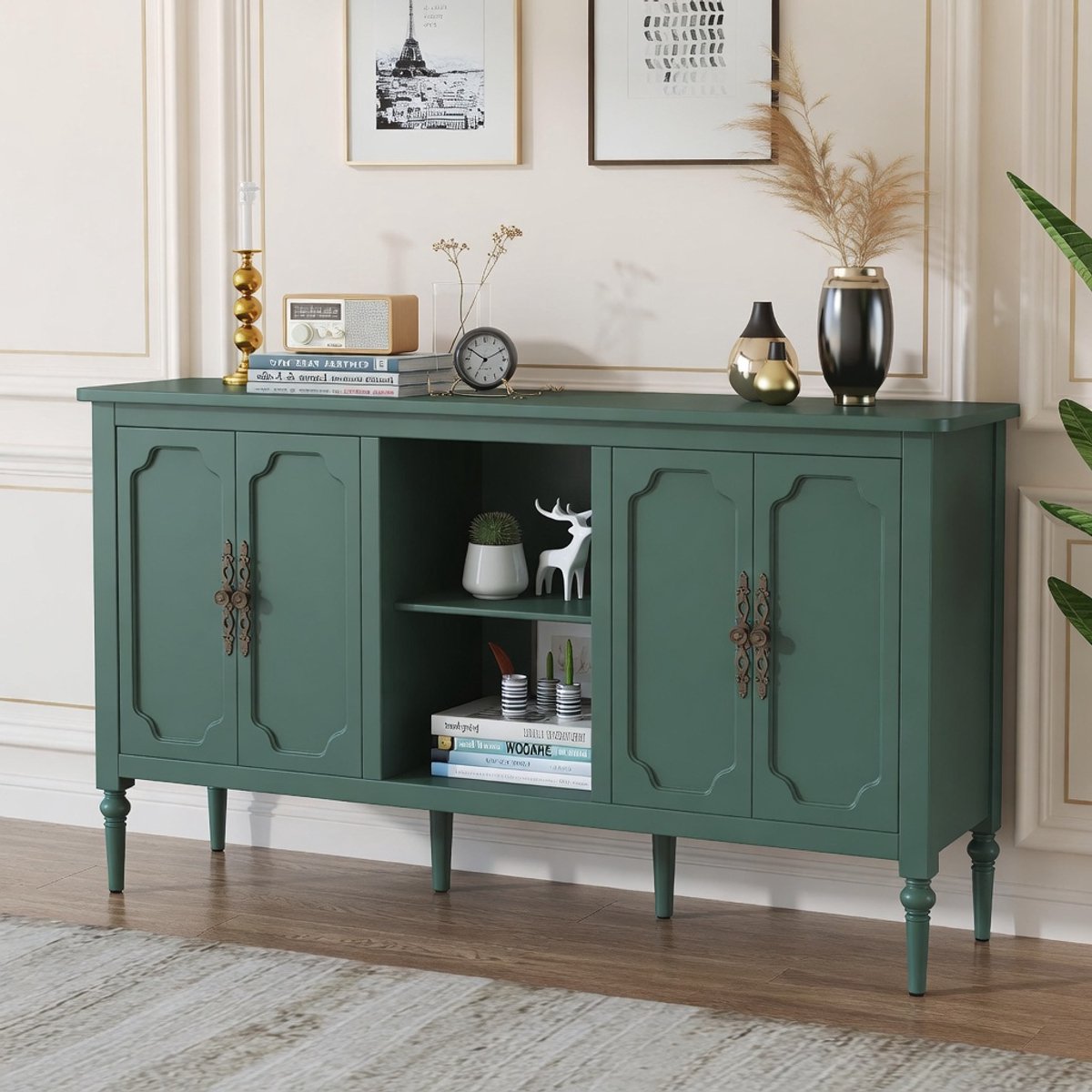 Vintage Dressoir Groen – Luxe Commode met 4 Deuren en Open Vakken – Industrieel Sideboard Buffetkast van Hout – Opbergkast voor Woonkamer, Eetkamer, Hal & Keuken – 151 cm Industrohome