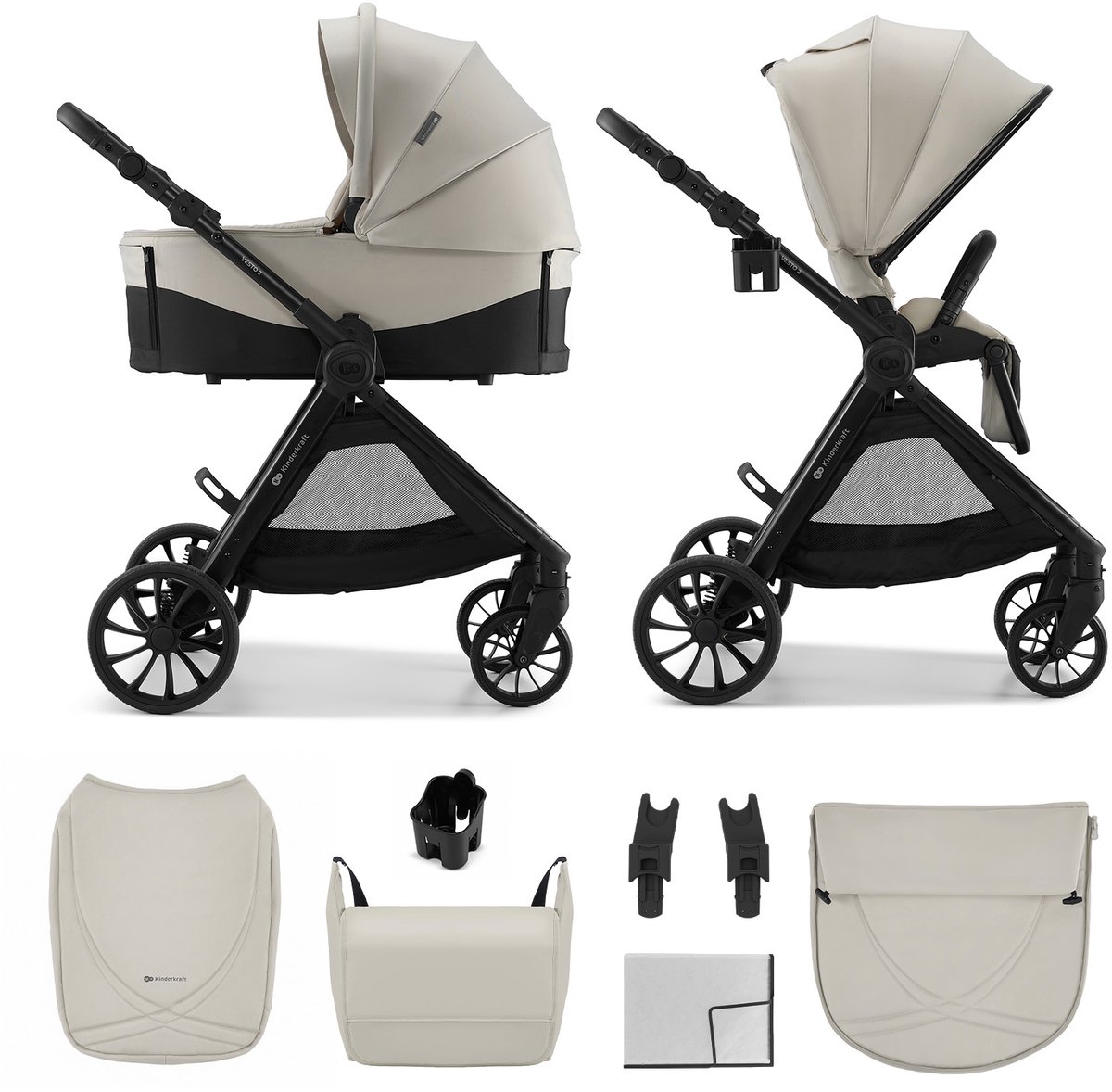 Kinderkraft VESTO 2 – 2-in-1 kinderwagen – Self-standing – Opvouwbaar met zitting 2 richtingen – PU-leer grepen – Beige