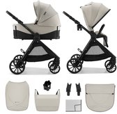 Beige kinderwagen set met reiswieg, zitting, accessoires, en afmetingen.