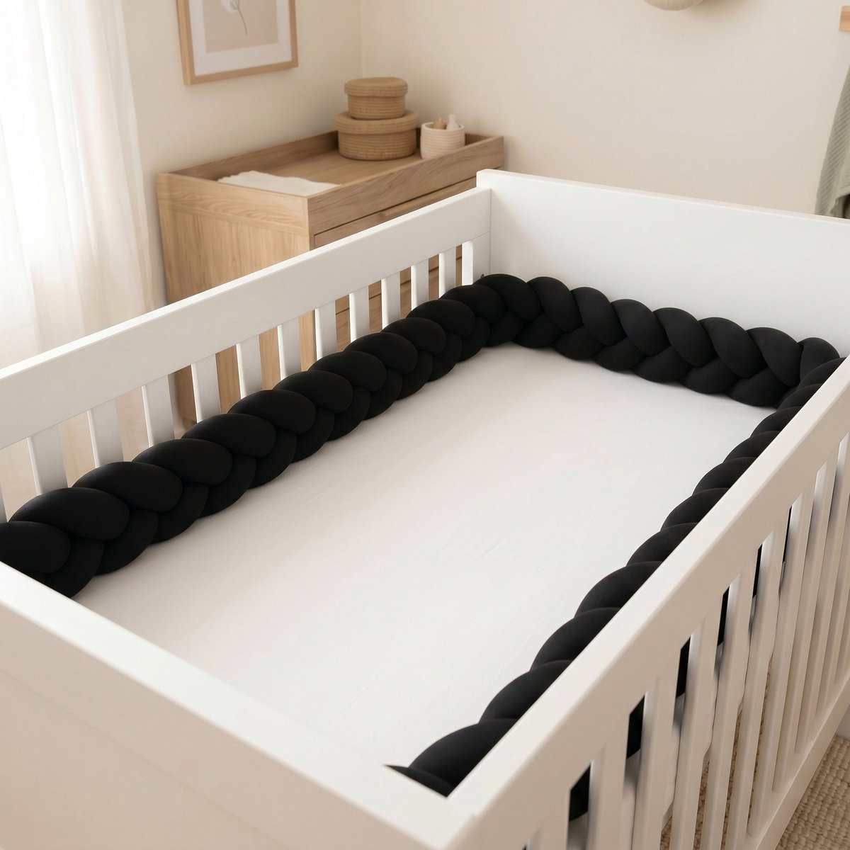 Honeybears Gevlochten Baby bedomrander – Boxomrander baby – Bedslang - Bedbumper - Hoofdbeschermer - Parkomrander - Bedrand - Bed bumper ledikant – 3 meter – Zwart