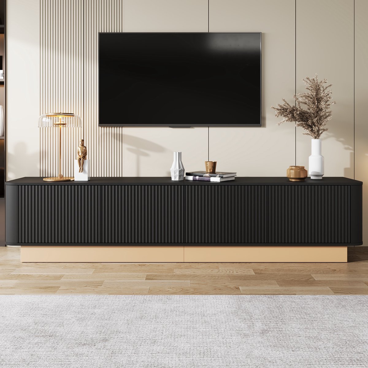 Luxe stijl tv-meubel - lage tv-kast - veel opbergruimte - multimedia-opbergkast - verstelbare plankhoogte - afgeronde hoeken - zwart