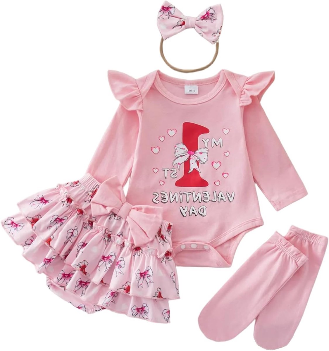 Schattig 4-delig Baby Meisjes Kleding Set met Romper, Rok, Haarband en Panty's, Inclusief Klavertje 4 Sokken