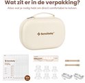 Inhoud van de Sensibaby borstkolf verpakking: kolven, zakjes, borstkolf, riempjes en kabels.